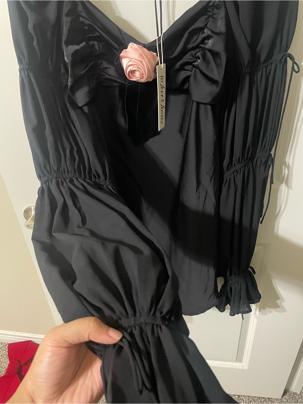 NWT For Love & Lemons Jillian Mini Dress Black Pink Rosette L $239 - Picture 6 of 10
